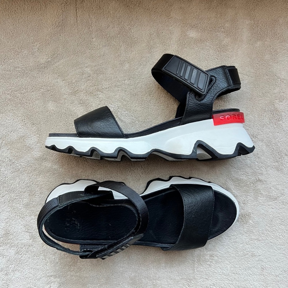 Sorel Black and White Platform Sport Sandals with Red Accent - Picture 15 of 15